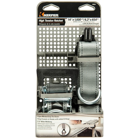 Keeper 14'X1-1/2" Ratchet Tie-Down, Dbl J-Hooks, 1,000Lbs WLL 5524